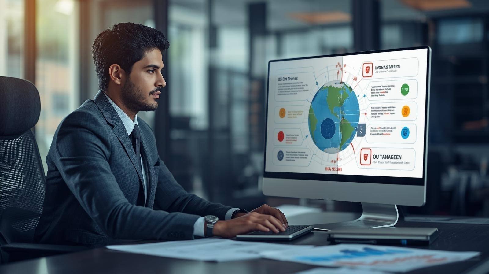 Professional reviewing US CMA Syllabus with global risk management visual on computer screen