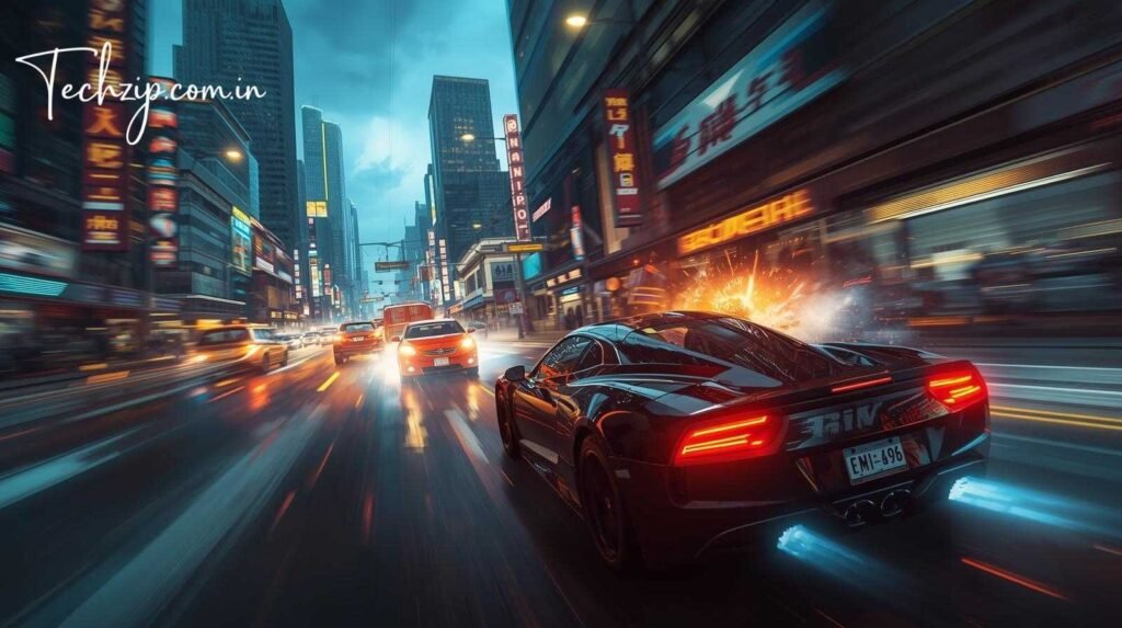 High-octane action scene from Wheon Grand Theft Auto, showing a character driving a sports car through a chaotic downtown with explosions and car chases