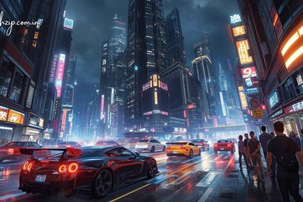 High-speed action scene from Wheon Grand Theft Auto, featuring a sports car in a neon-lit city filled with traffic and pedestrians