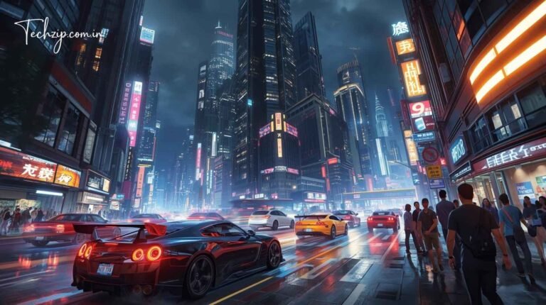 High-speed action scene from Wheon Grand Theft Auto, featuring a sports car in a neon-lit city filled with traffic and pedestrians