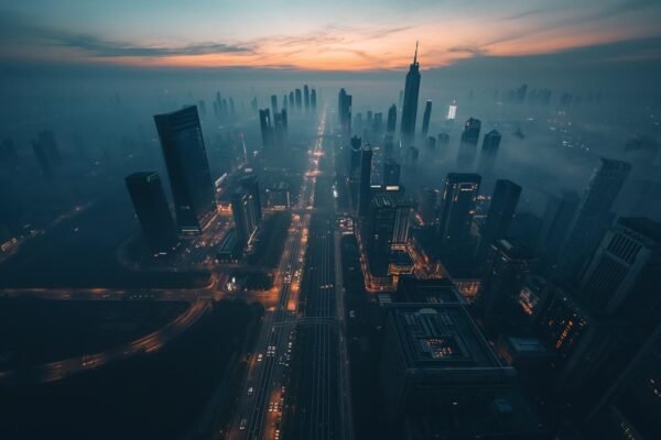 Aerial view of Wuhan city skyline during karona waris in China with fog and empty streets at dusk.