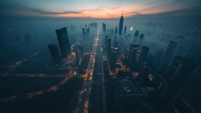 Aerial view of Wuhan city skyline during karona waris in China with fog and empty streets at dusk.