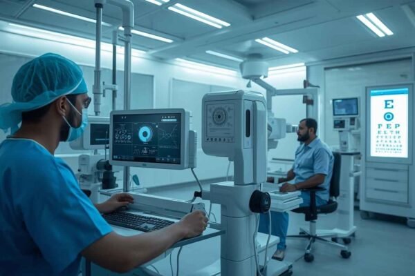 An eye care specialist conducting eye tests using advanced technology for accurate eye care diagnosis and treatment in a modern medical facility