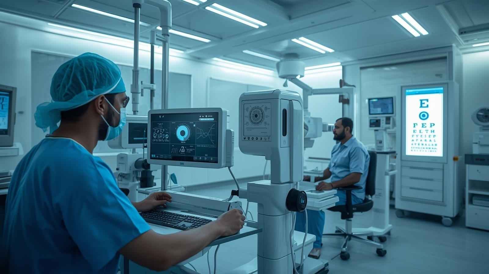 An eye care specialist conducting eye tests using advanced technology for accurate eye care diagnosis and treatment in a modern medical facility