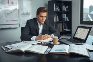 A finance professional studying financial risk management and CPA exam structure, reviewing reports and preparing for certification in a modern office setting