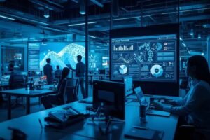 Team analyzing enterprise search dashboards powered by Nuxeo Connector to access documents and manage digital content efficiently.