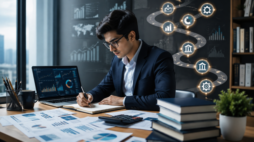 Young finance professional studying financial risk management with financial charts, risk analysis, and a career roadmap on a laptop