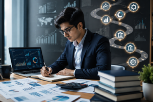 Young finance professional studying financial risk management with financial charts, risk analysis, and a career roadmap on a laptop