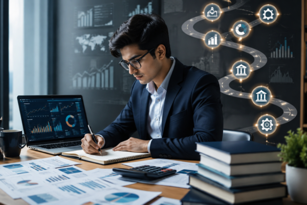 Young finance professional studying financial risk management with financial charts, risk analysis, and a career roadmap on a laptop